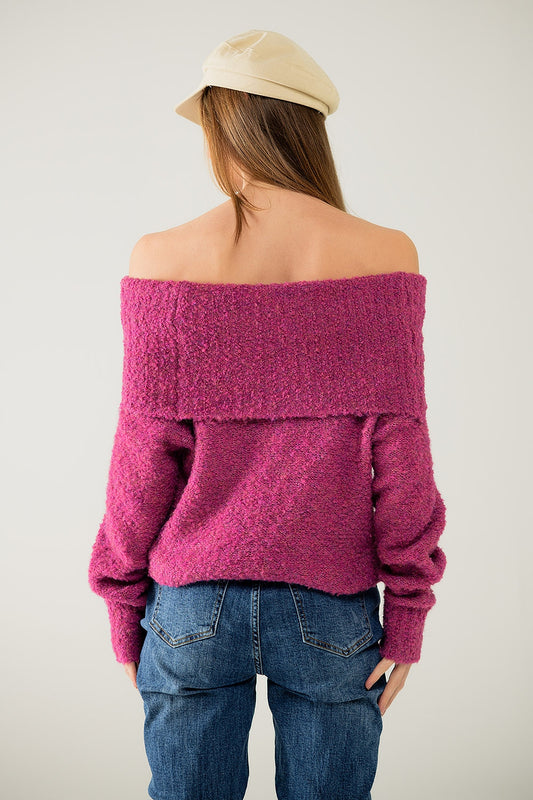 knitted fluffy boat neck sweater in fucsia - Sweaters