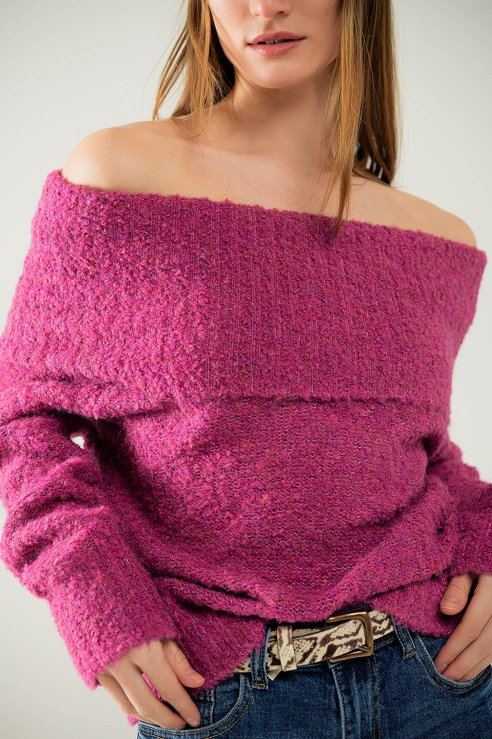 knitted fluffy boat neck sweater in fucsia - Sweaters