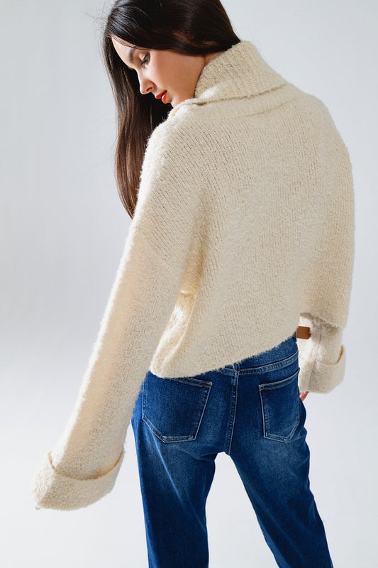 knitted fluffy high neck sweater in cream - Jumpers