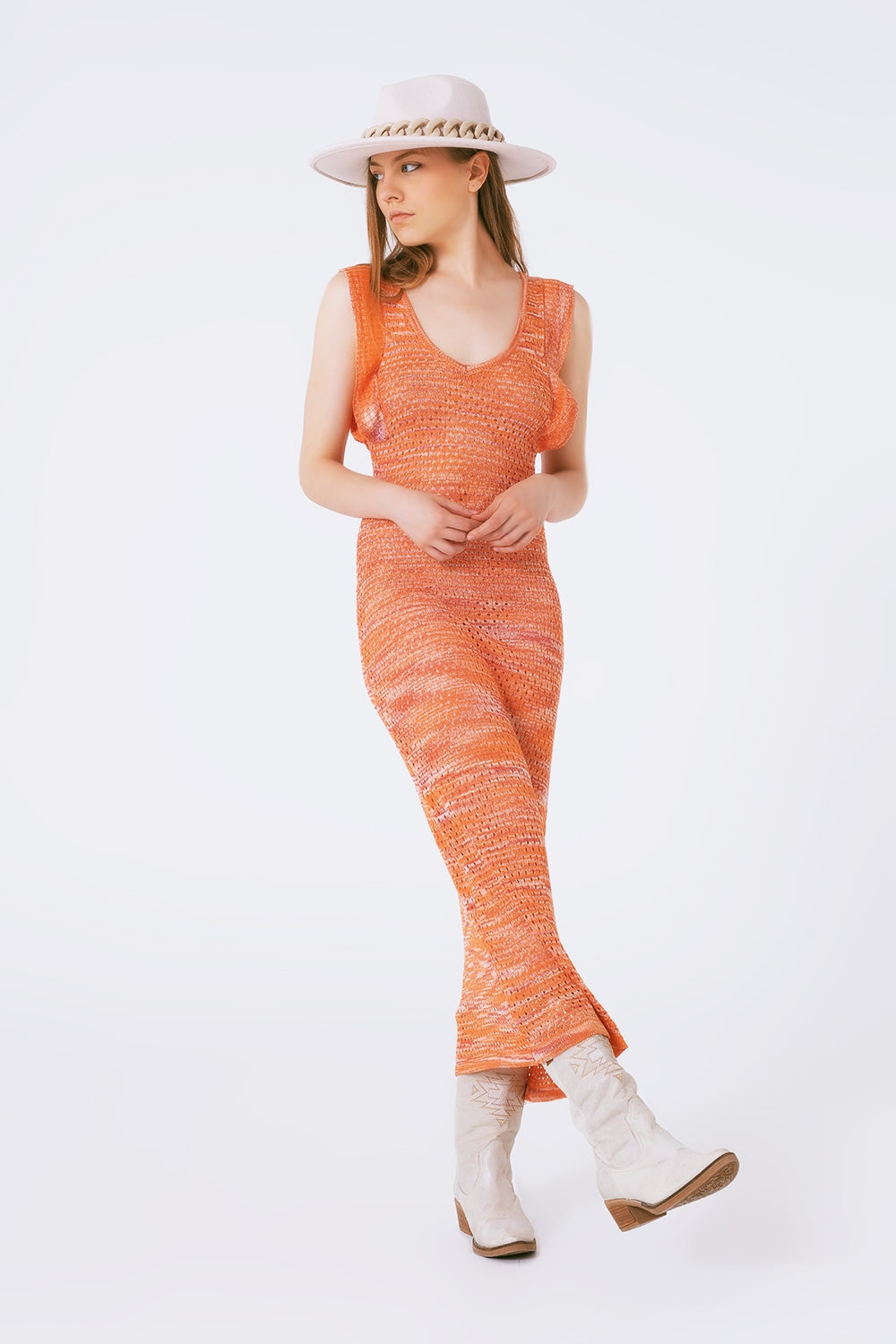 Knitted Long Dress With Chest Ruffle in Melange Orange - Dresses