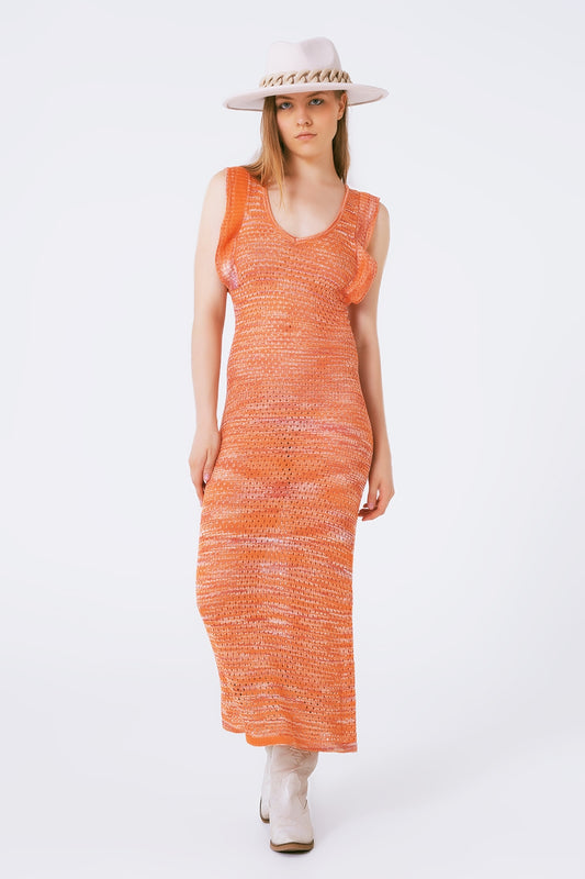 Knitted Long Dress With Chest Ruffle in Melange Orange - Dresses