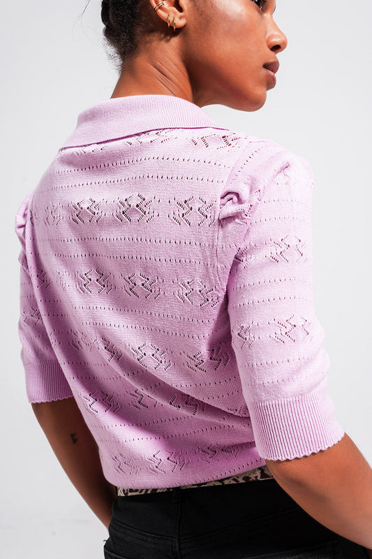 Knitted pointelle polo neck jumper in pink - Polos