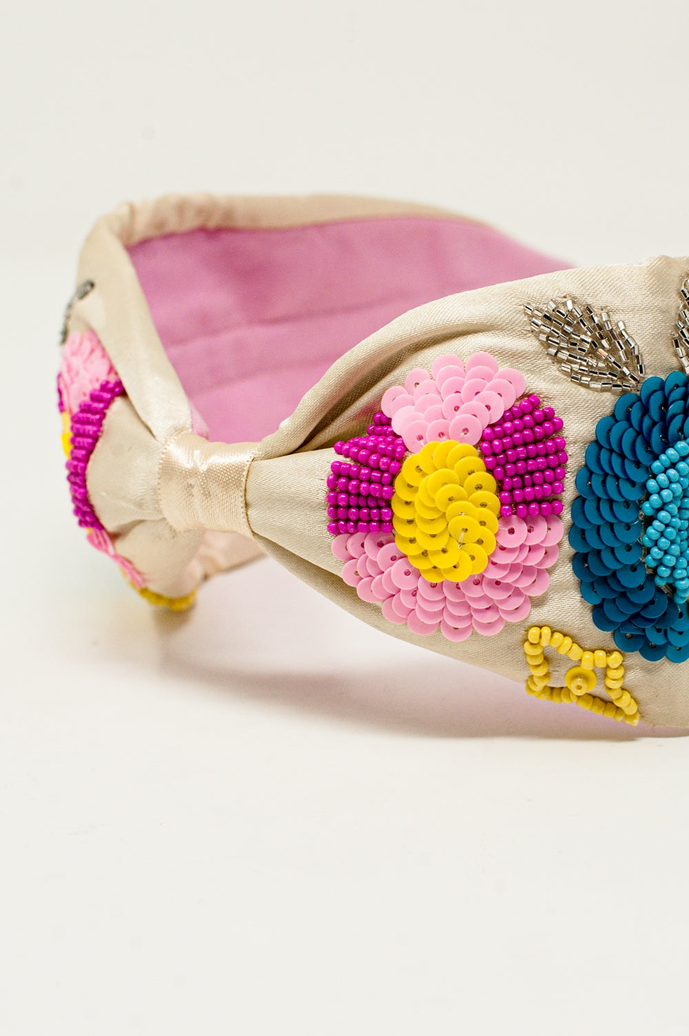 Knotted headband with embellished flowers in cream - Headbands