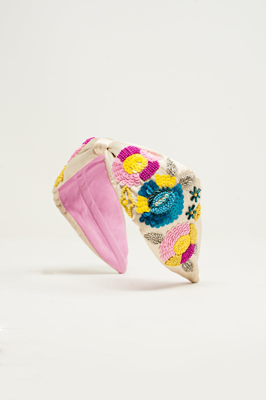 Knotted headband with embellished flowers in cream - Headbands