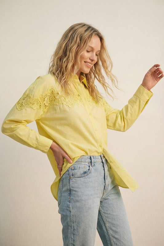 Yellow Oversized Poplin Shirt with Lace Detail - Shirts