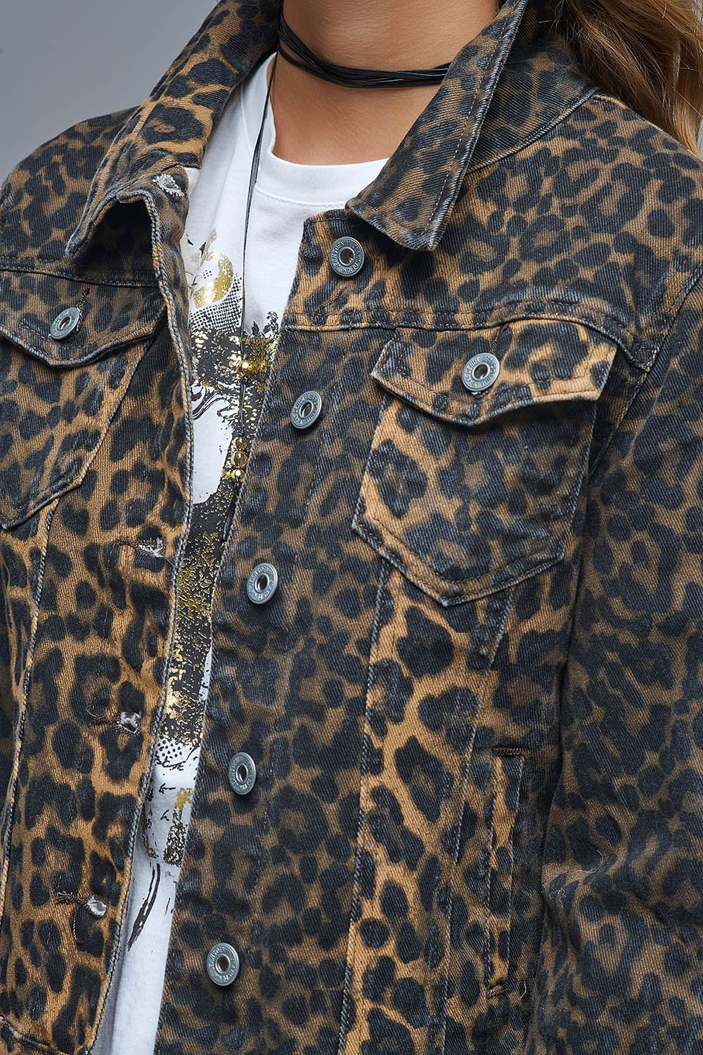 Leopard Print Denim Jacket in denim fabric - Coats and Jackets