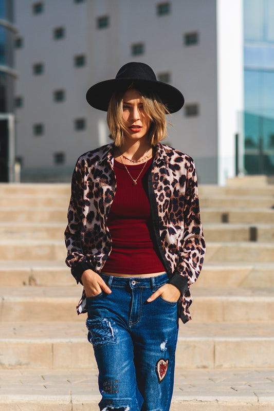 leopard shirt with black satin detail - Shirts
