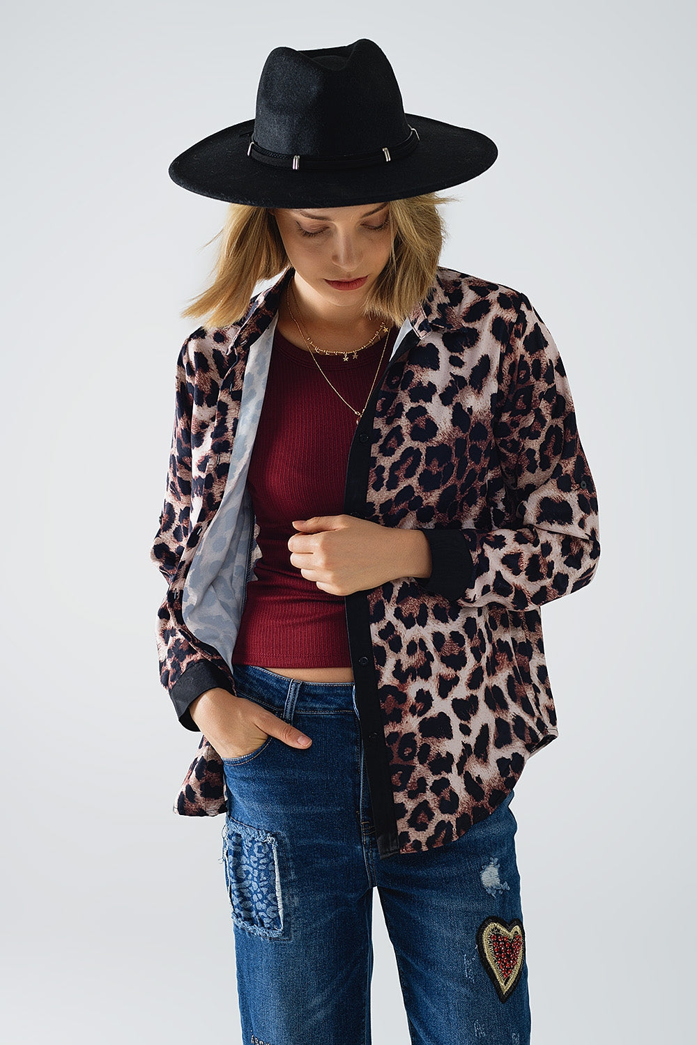 leopard shirt with black satin detail - Shirts