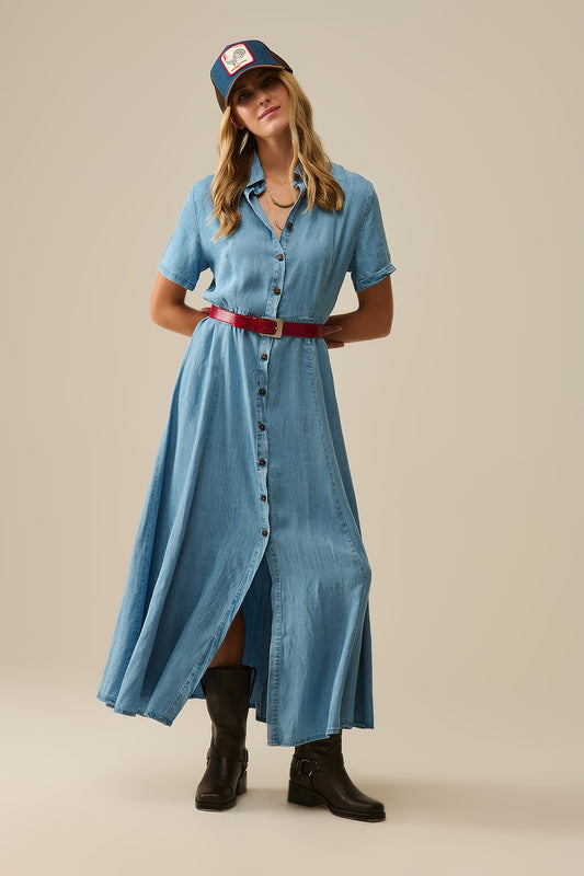 Light Blue Buttoned Tencel fabric Maxi Dress - Dresses