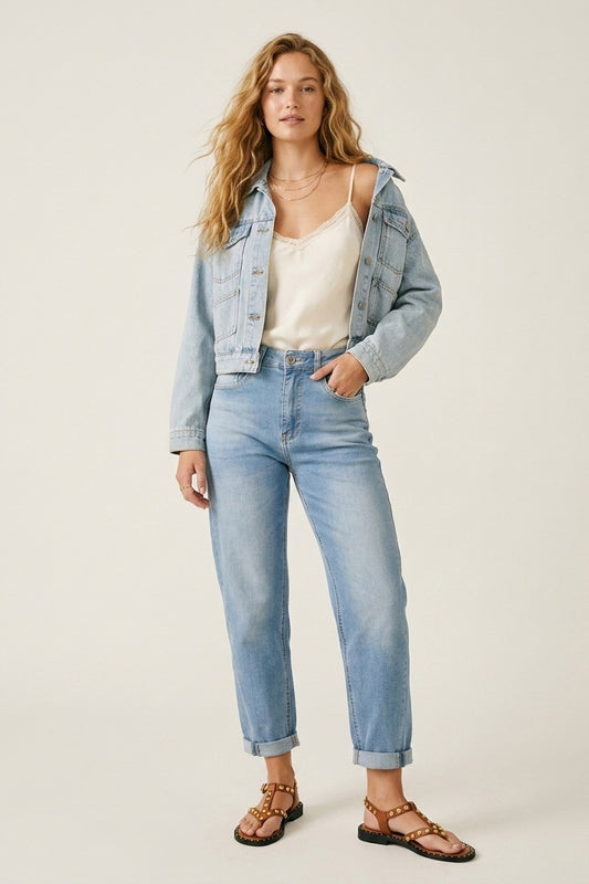 Light Blue Denim mom style Fit Jeans in ankle Length - Jeans