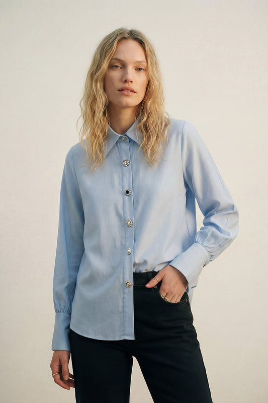 Light Blue Satin Button-Up Long Sleeve Shirt with two buttons on the cuff - Shirts