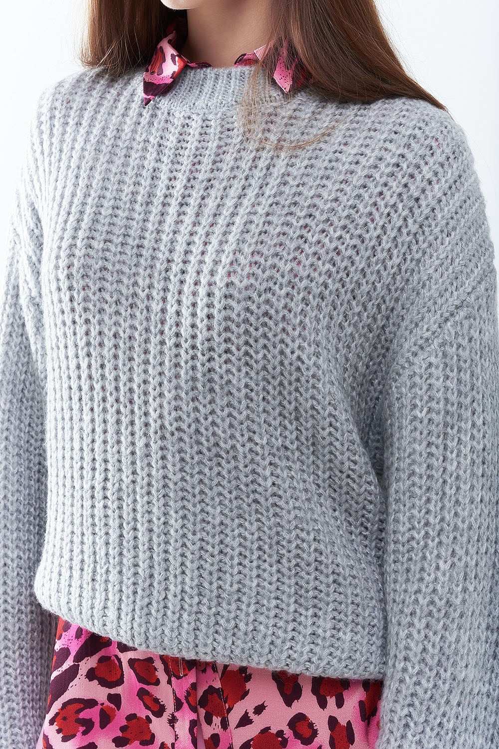 Light grey chunky knit sweater with balloon sleeves - Jumpers