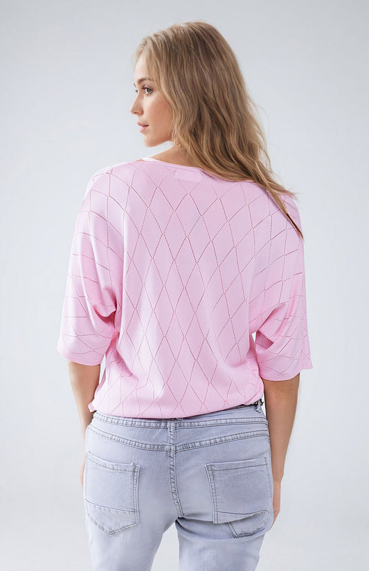 Light Pink Short Sleeve Sweater With Argyle Pattern - Jumpers