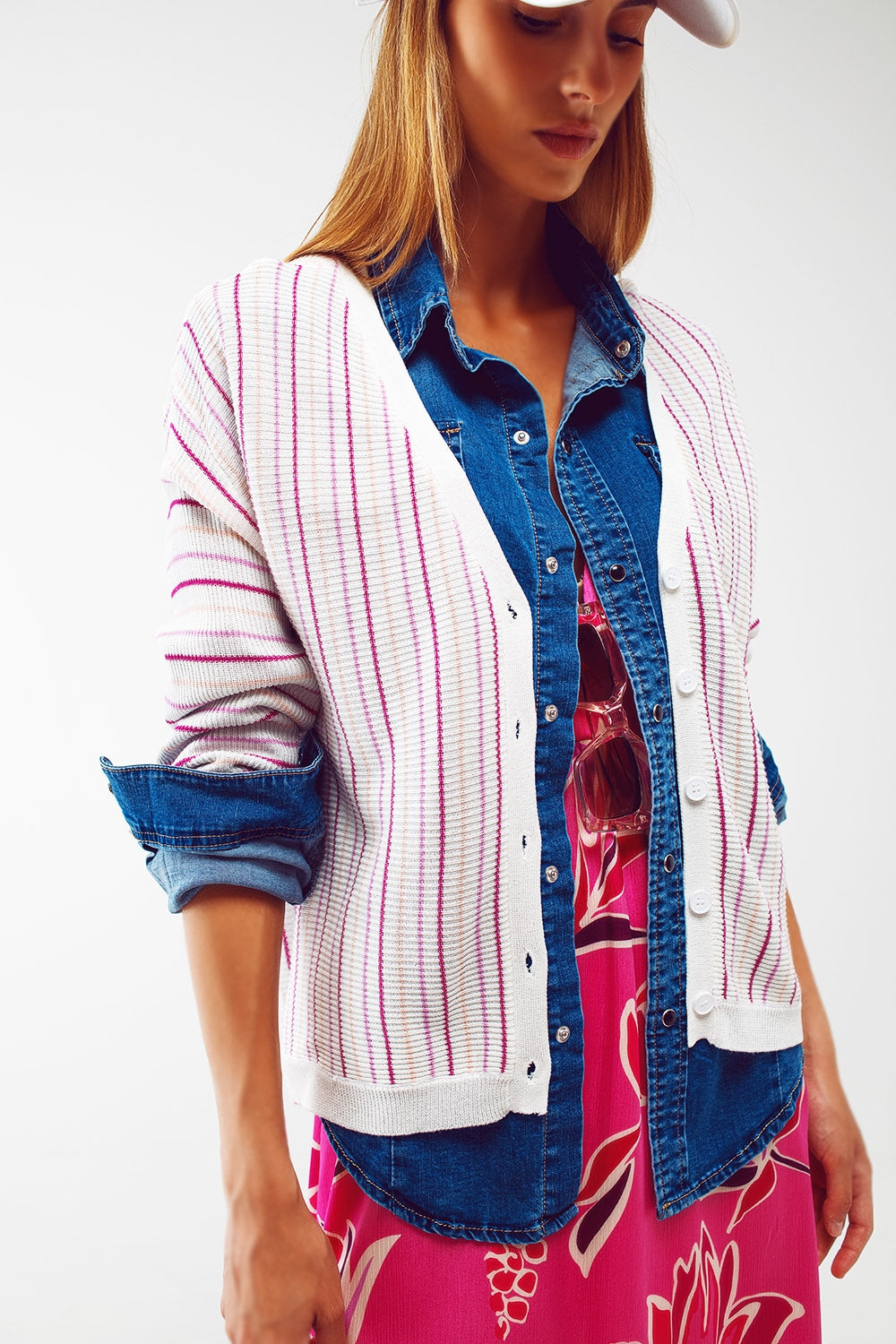 Lightweight knit cardi in pink stripe - Jumpers