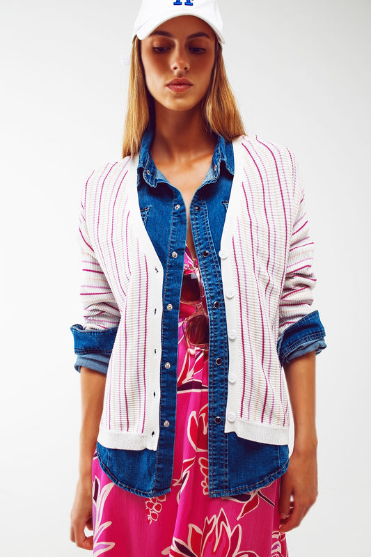 Lightweight knit cardi in pink stripe - Jumpers