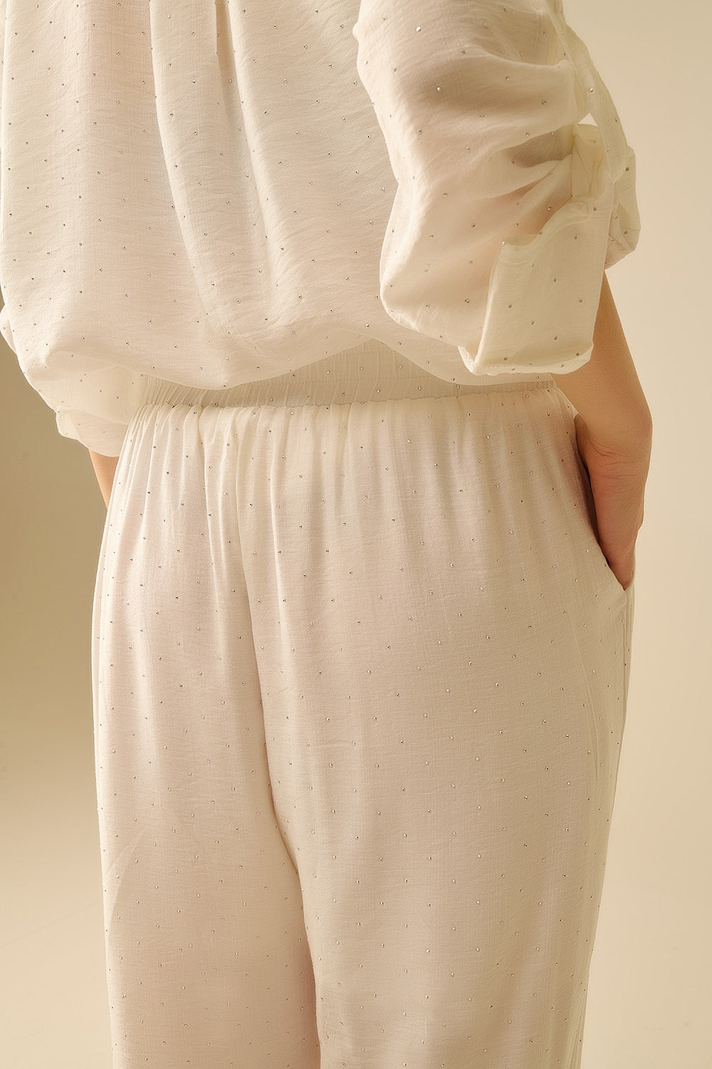 Lightweight wide-legged white pants with strass details - Trousers