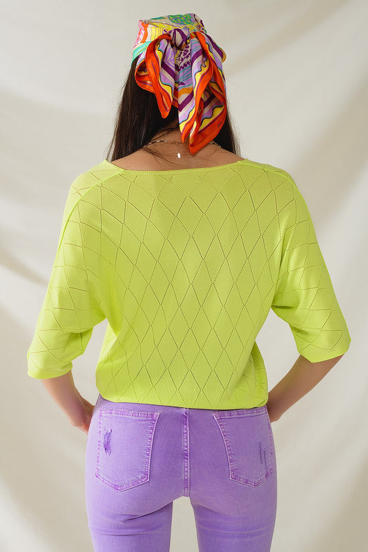 Lime Colored Short Sleeve Sweater With Argyle Pattern - Jumpers