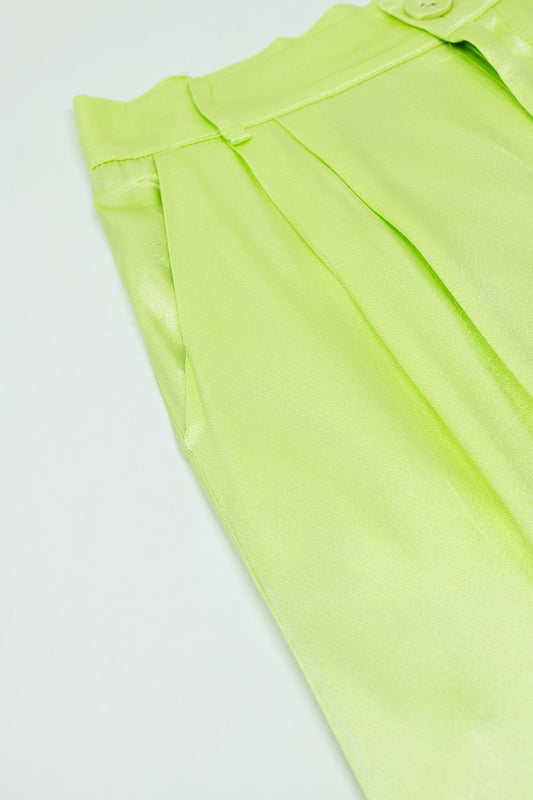 Lime Flared satin Pants With Pockets - Trousers