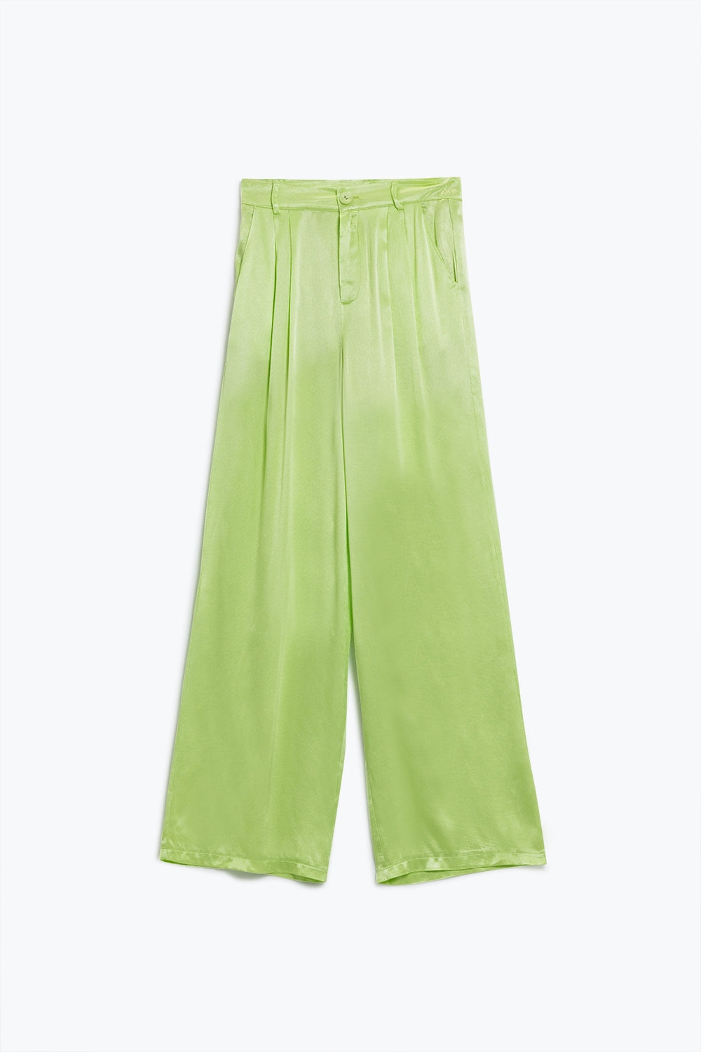 Lime Flared satin Pants With Pockets - Trousers
