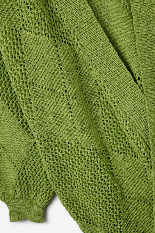 Lime Green Draped Cardigan With Crochet Design - Cardigans