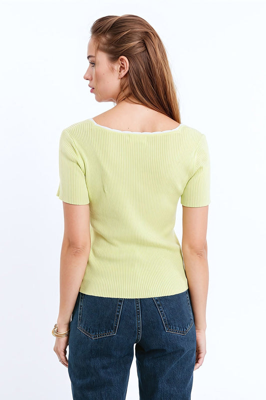 Lime Knitted Short Sleeve Sweater With Square Neck and White Trim - Jumpers