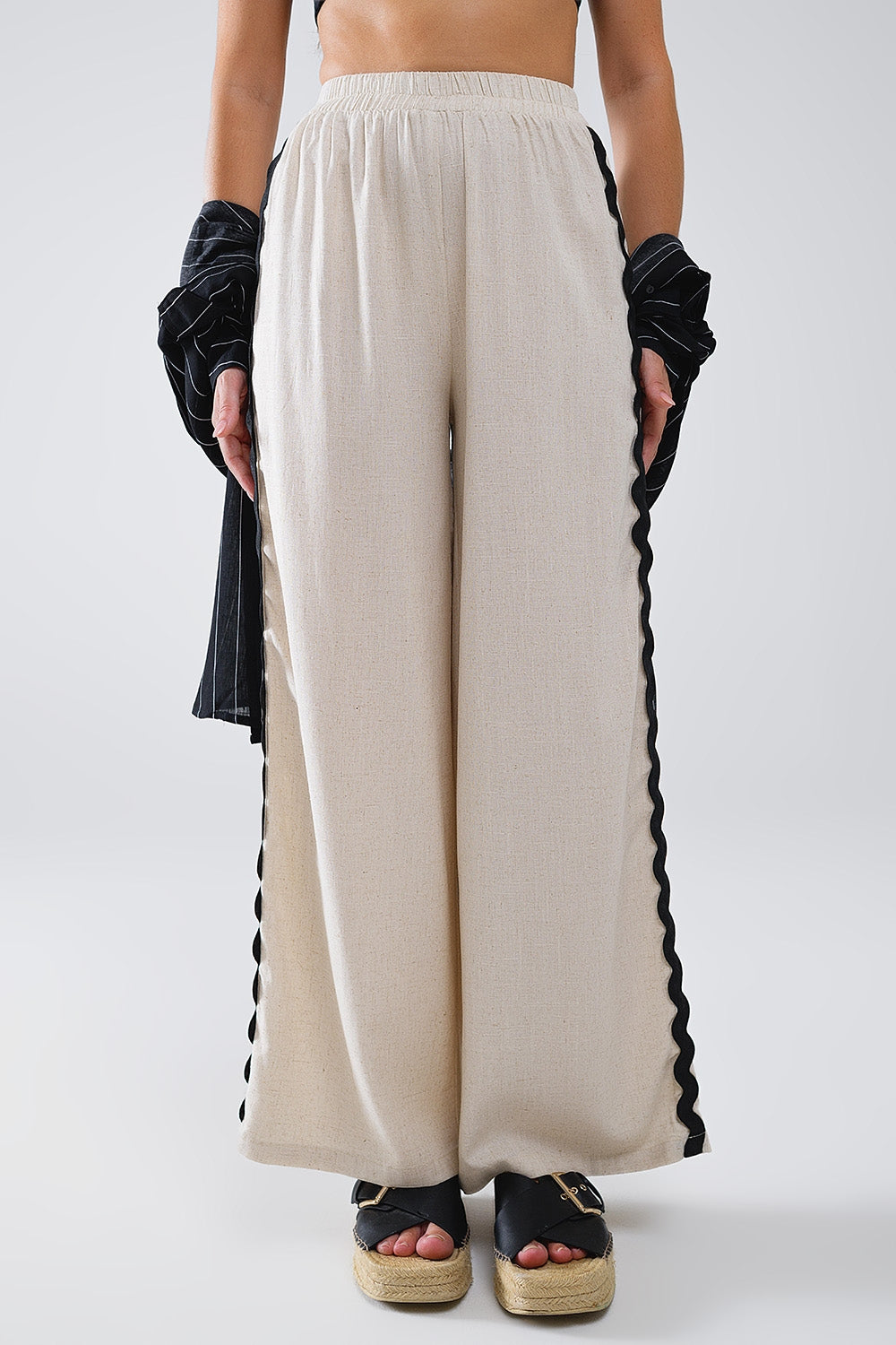 Linen Contrast Scallop Trim Pants in Beige - Trousers
