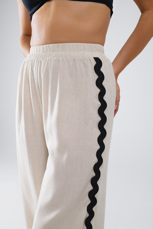 Linen Contrast Scallop Trim Pants in Beige - Trousers