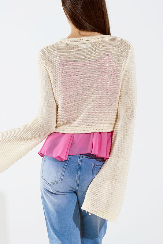 Long Bell Sleeve Knitted Cardigan in Cream With knot detail - Cardigans