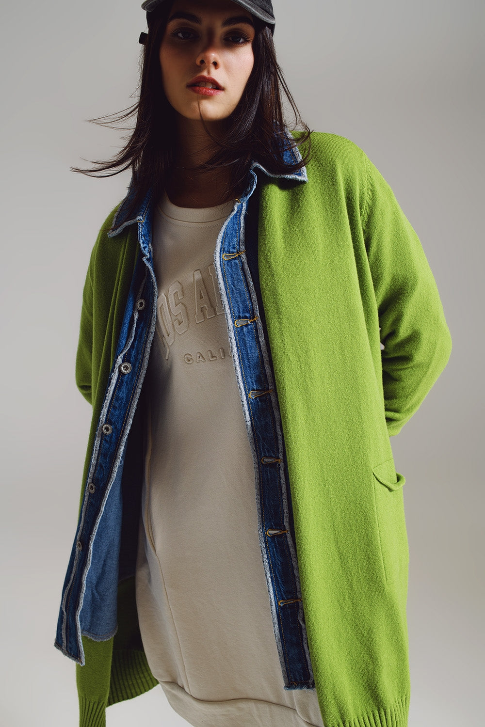 Long green cardigan with folded pockets - Cardigans