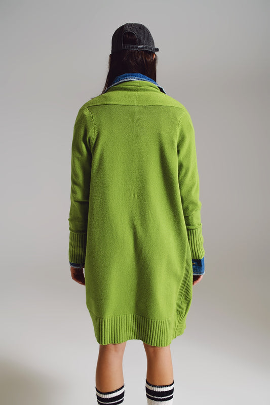 Long green cardigan with folded pockets - Cardigans