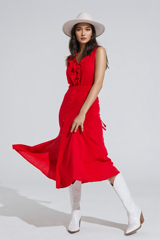 long red dress with ruffle and button detail - Dresses