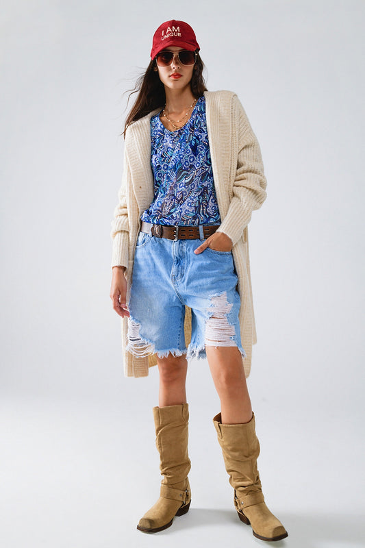 Long Ribbed Cardigan With Pockes and Hood in Cream - Cardigans