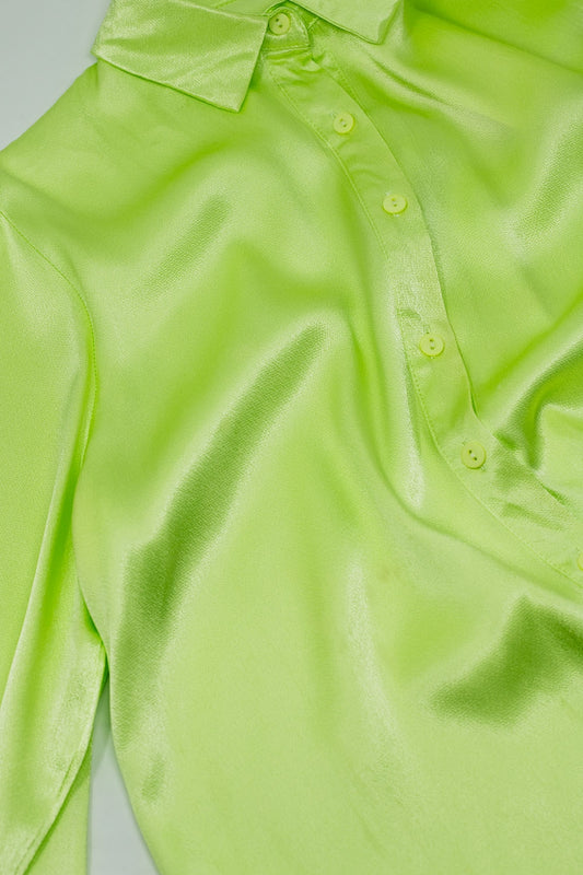 Long Sleeve Button Up satin Blouse With Polo Collar In The Color Lime - Blouses
