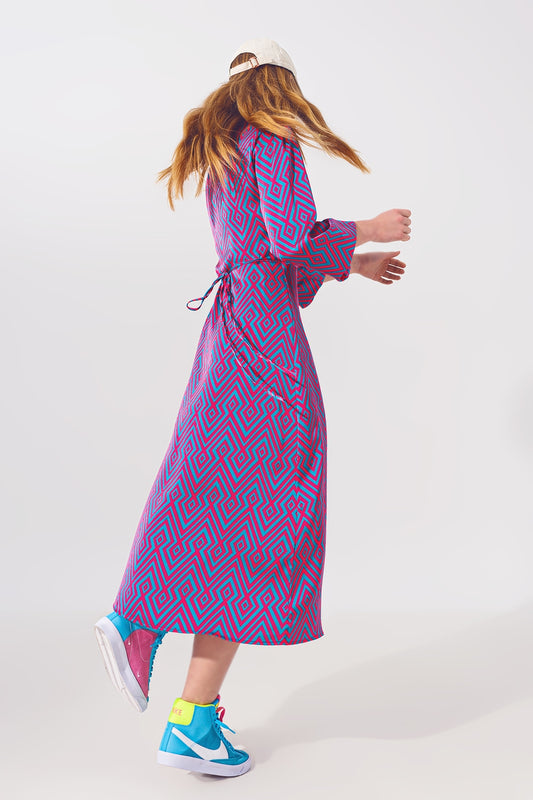 Long Sleeve Maxi Wrap Dress in Geo Print - Dresses