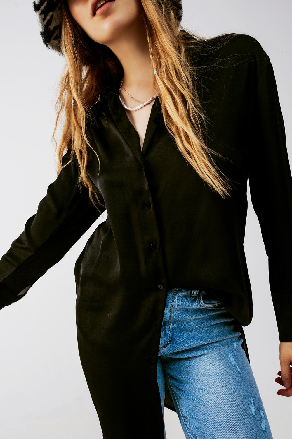 Long sleeve satin button front shirt in black - Shirts