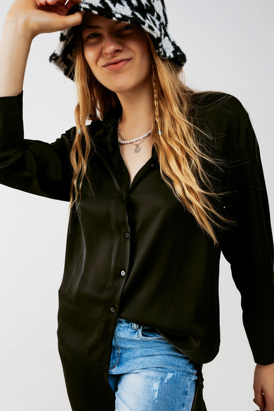 Long sleeve satin button front shirt in black - Shirts