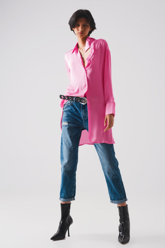 Long sleeve satin button front shirt in pink - Shirts