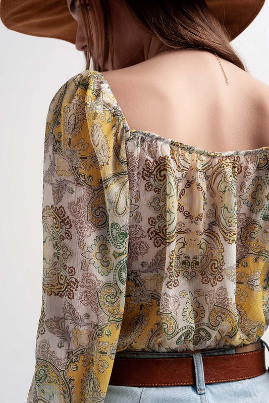 Long sleeve sheer top with shirred waist and tie detail in cachemir - Tops