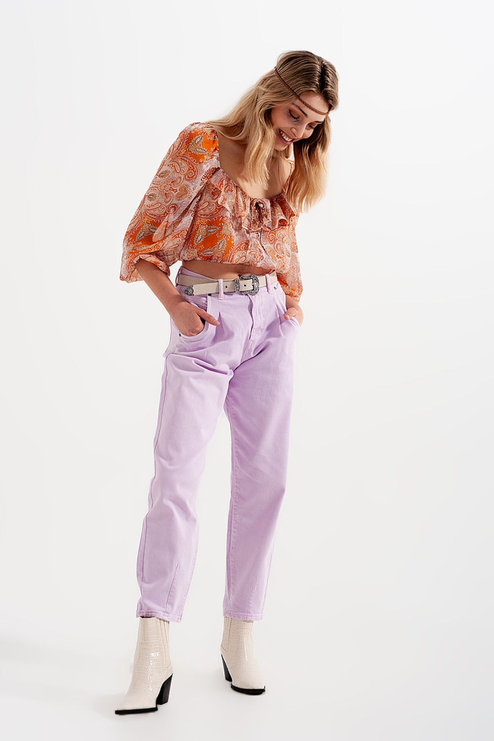 Long sleeve sheer top with shirred waist and tie detail in orange - Tops