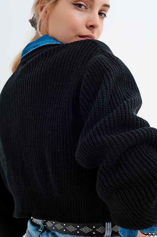 Long sleeves black cardigan with strass button detail - Cardigans