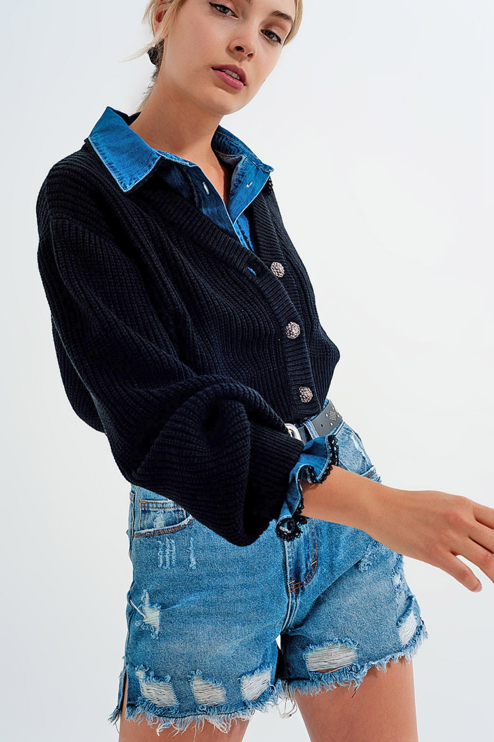 Long sleeves black cardigan with strass button detail - Cardigans