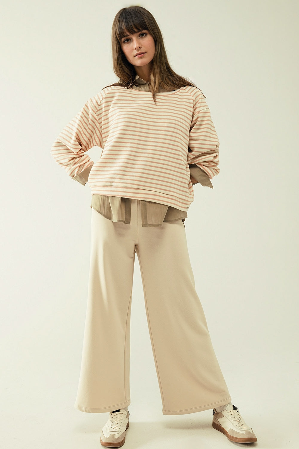 Long sleeves white sweater with pink stripes and a boat neck - Jumpers