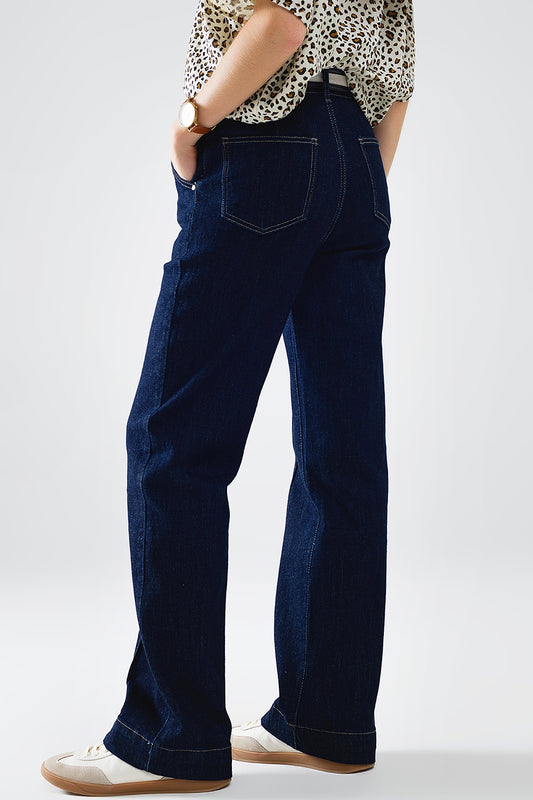 Long Straight Dark Blue Jeans With Contrast Stitching - Jeans