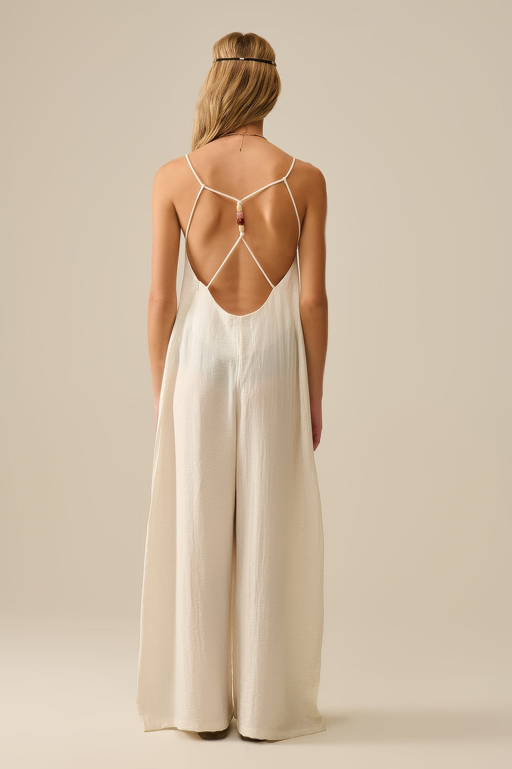 Long Textured Jumpsuit with Beaded Straps in Cream - Jumpsuits