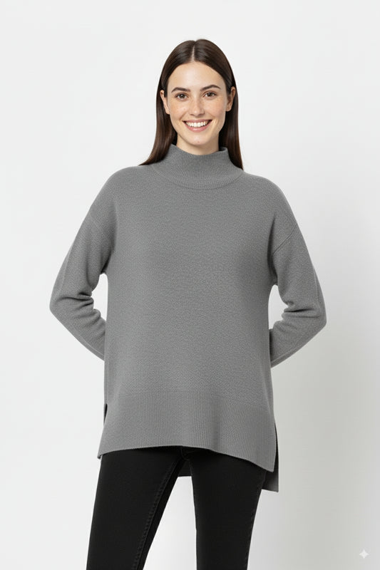 Loose gray sweater with open back detail -