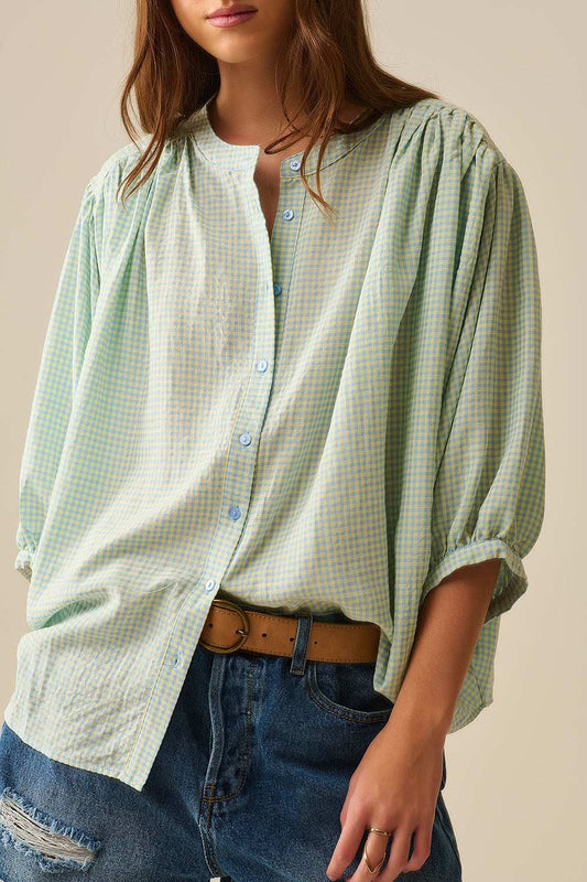 loose light blue gingham blouse - Blouses