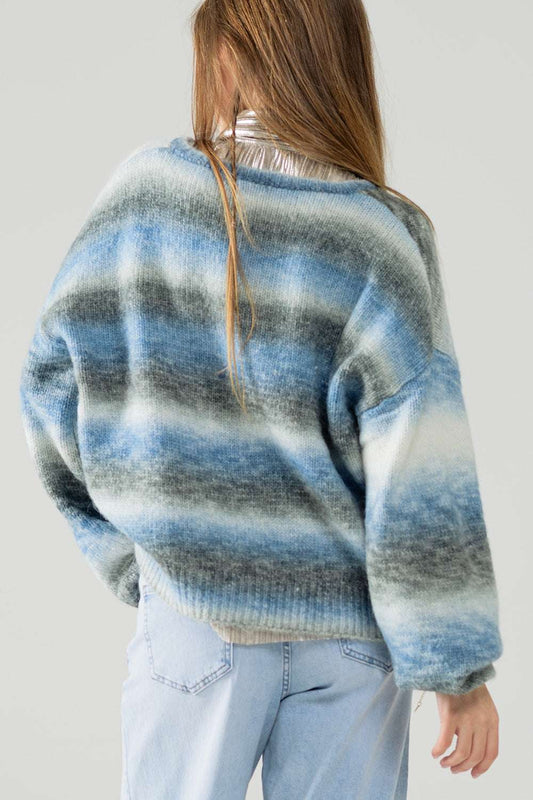 Loose V-neck sweater with blue and grey stripes - Jumpers