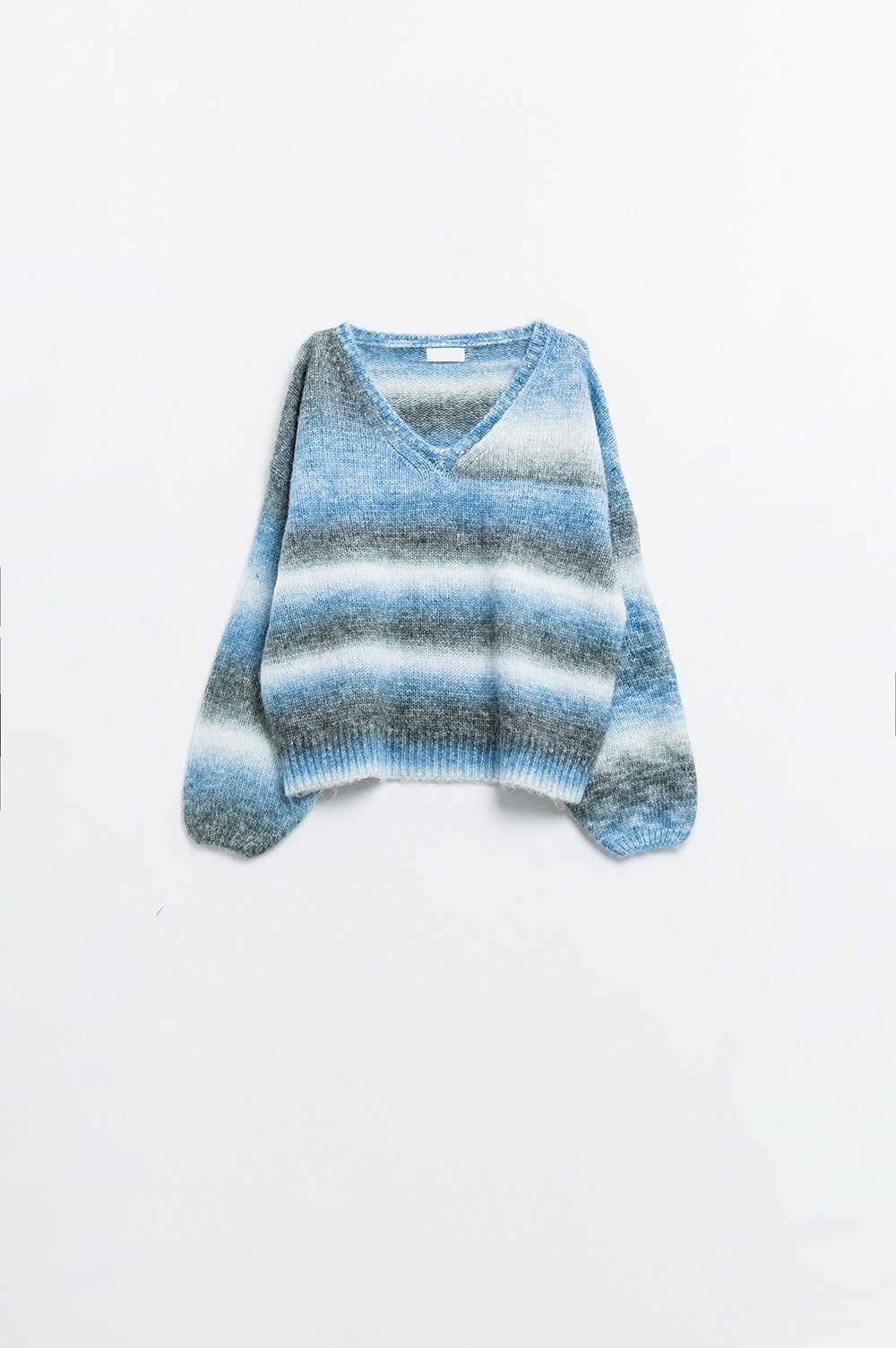 Loose V-neck sweater with blue and grey stripes - Jumpers