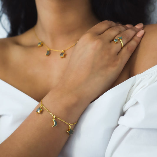 Luna Charles bracelet charm pandora with gold stars and moon pendants for a stylish look