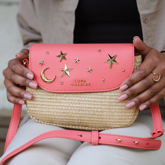 Elena Star Studded Rattan Handbag - Coral & Gold - Bags